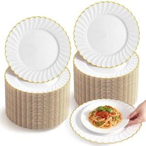 HAVAWISH 33CM 13인치 충전기 접시 테이블 저녁 서빙 스캘럽 아크릴 화이트 50개 골드 파티 이벤트 라운드 디너 식사 결혼식 벌크 트림 장식용