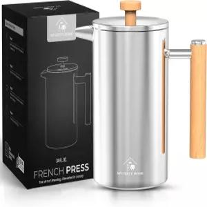 프렌치 프레스 커피 메이커 304 스테인리스 스틸 34온스 대형 이중벽 단열 목재 손잡이 3단계 여과 시스템