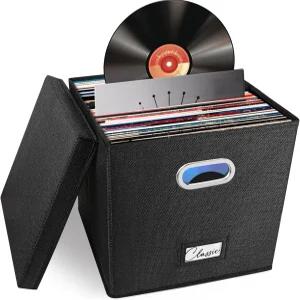 50개 이상의 싱글 LP(12인치)를 위한 비닐 레코드 보관함 뚜껑이 있는 스태커블 앨범 린넨 상자 접이식