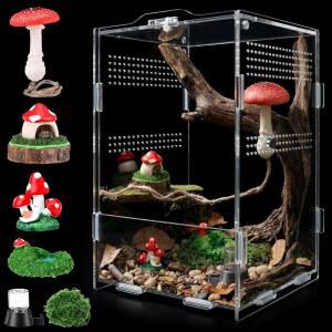 헝다오 6pcs 점프 거미 은신처 서식지 세트 버섯 테마 키트 애완 강화 타란툴라 탐험 및 등반용 물 공급기 풀밭 자기 장식용 미니어처 플랫폼