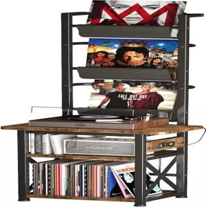 파워 콘센트가 있는 호메이주 레코드 플레이어 스탠드 6단 비닐 디스플레이 선반 최대 200장의 앨범 저장