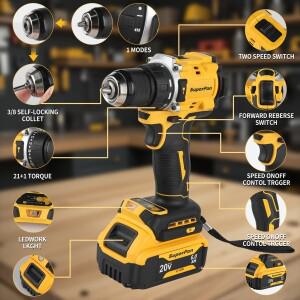 슈퍼팬 SP805 브러시리스 드릴 충전식 리튬 배터리 90N.m 토크 고성능 듀얼트 20V 핀 호환 내구성 강함