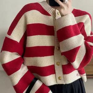 여성가디건캐주얼 3컬러 학생 스트라이프 니트 여자 오피스룩 카디건 세미 라운드넥 크롭 주니어 간절기rst