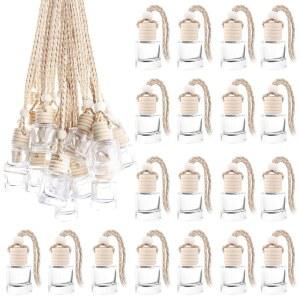 DMuuuDM 50개 / 세트, 8ml 행잉 카 방향제 , 빈 리필 가능 투명 유리 오일 향수 펜던트 바이알, 나무 캡 및 스트링, 원통형 스타일