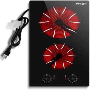 Cooksir 2 버너 전기 쿡탑 - 12인치 2000W 스토브 내장 및 조리대 노브 제어 기능이 있는 세라믹 2개 9개의