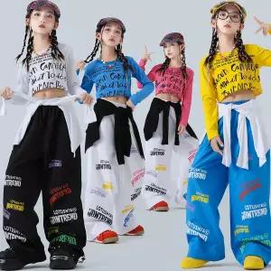 댄스복 방송 아이돌 무대 의상 발표회 키즈 힙합 의류 레터 프린트 크롭 탑 바지 그룹 재즈 댄스 스트리트