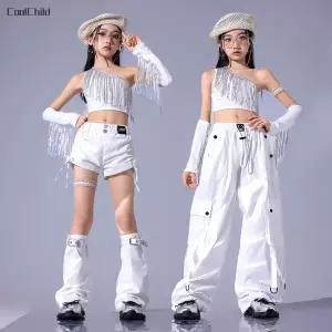 댄스복 방송 아이돌 무대 의상 발표회 힙합 키즈 Tassels 자르기 탑 스트리트 댄스 카고 바지 핫 streetwea