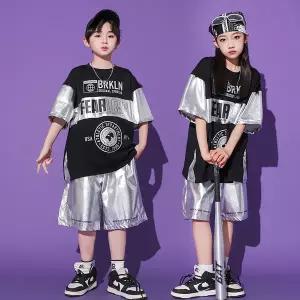 댄스복 방송 아이돌 무대 의상 발표회 용 재즈 댄스 반팔 티셔츠 실버 반바지 힙합 의류스트리트