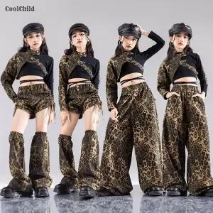 댄스복 방송 아이돌 무대 의상 발표회 힙합 자르기 탑 레오파드 커프 카고 바지 아동 streetwear 반바지 스