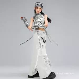 댄스복 방송 아이돌 무대 의상 발표회 재즈 댄스 용 실버 네이블 탑 블랙 배기 팬츠 세트 그룹 힙합 공연복