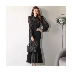 여성원피스 긴팔 쉬폰 시스루 롱원피스 가을겨울 슬림 플레어드레스 OOTD3