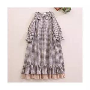 여성원피스 체크 라운드카라 긴팔 면 린넨 원피스 가을 프릴 롱스커트 OOTD3