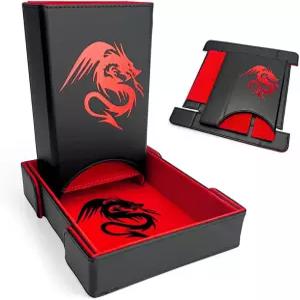 럭 랩 접이식 주사위 타워와 RPG 테이블 탑 게임용 트레이 - 블랙/레드 드래곤 디자인