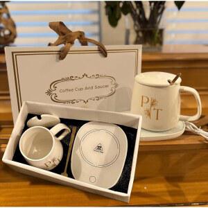 스마트 커피 머그 워머 & 세트 책상용, 자동 차단 기능이 있는 전기 컵 워머, 55 C 온도 히터, 세라믹 컵, 가정, 사무실 - 차에 이상적인 선물