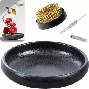 일본 이케바나 꽃꽂이 화병 키트 꽃 얕은 용기 세라믹 1.57인치 꽂이(켄잔) 및 켄잔 바늘 교정 도구 포함