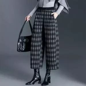 여성용 바지 기모 체크 도톰 할머니 슬림핏 커브 와이드 9부 SPO마켓1