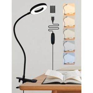 램프에 클립, 5가지 색상 + 10가지 밝기 LED 책상 램프(클램프 포함), 550lm 밝기의 침대 헤드보드/베드사이드 테이블 조명, 360 조절 가능한 독서등, 홈 오피스 스터디용 책상 조명 [어댑터]