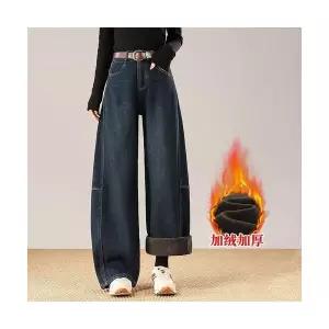 여성 트렌디 아이템 청바지 배기핏 기모 데님 밴딩 바지 겨울 하이웨스트 바나나 HT4