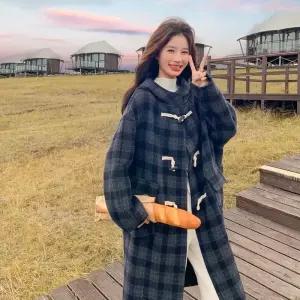 빈티지 동계 롱 모직 여성패션 야구 점퍼 체크 후드 리버시블 캐시미어 코트 DL4