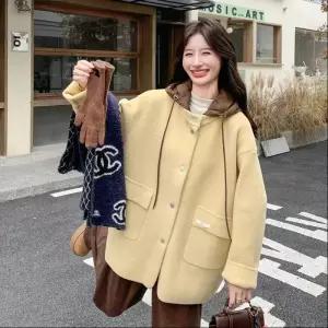 모직 캐주얼 겨울 스트링 야구 점퍼 코트 후드 크림색 여성패션 DL4