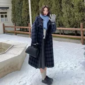 남색 롱 모직 빈티지 겨울 여성패션 야구 점퍼 체크 후드 리버시블 코트 DL4