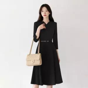 ~XXL까지 리파인드 트임 하트넥 벨트 플레어 원피스 가을 하객룩 오피스룩 모임룩 격식룩 빅사이즈1208052