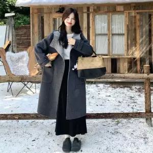 롱 회색 모직 겨울 여성패션 야구 점퍼 후드 리버시블 캐시미어 코트 DL4