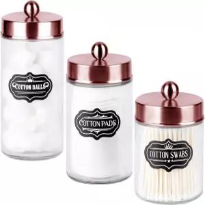 약사 병 3팩 - 스테인리스 뚜껑이 있는 유리 욕실 용기 소박한 농가 장식 액세서리 큐팁/코튼 볼용 베니티