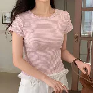 [하프클럽/삐까삐까]프릴 레이스 스트라이프 반팔 티셔츠 귀여운 크롭 슬림 스판 쫀쫀한 이너 티