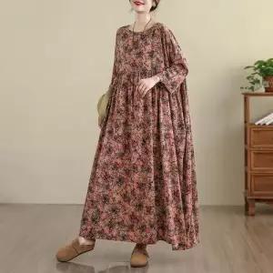 마킷4 여자 원피스 면 가을 빈티지 플로럴 디지털 린넨 프린팅 빅사이즈 도톰한 긴팔 JEN3