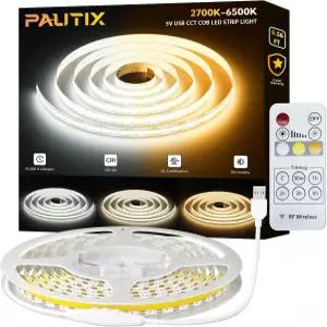 PAUTIX 5V USB COB LED 스트립 조명 RF 리모컨 점 없는 2700K-650K CCT 튜닝 가능한 흰색 조광 6.56피트 TV