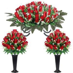 WOCST 묘지를 묘지 꽃다발, 이지 장미 변색 위한 포함, 무덤 (레드) 꽃, 2세트 자외선 핏 장식용 꽃병 차단, 안장, 주춧돌 방지,
