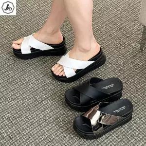 [애슬릿] 통굽 슬리퍼 굽높은 크로스 사무실 5.5cm