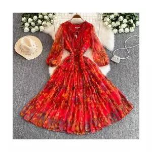 타노스원피스 스커트 여성용 롱 허리 쉬폰 프릴 프린트 프렌치 스위트 티쉐프 데일리룩 브이넥 KUK1