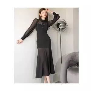 타노스원피스 여성용 롱 플레어드레스 쉬폰 데일리룩 시스루 긴팔 슬림 가을겨울 KUK3