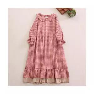 타노스원피스 여성용 면 가을 긴팔 롱스커트 쉬폰 프릴 체크 데일리룩 라운드카라 린넨 KUK3