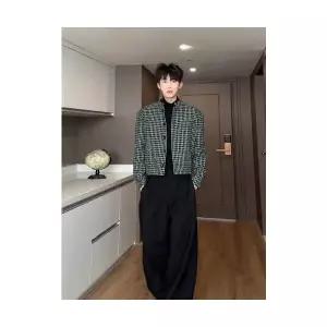 EAMT 남성 트위드 정장 코트 봄가을 오버사이즈 패드 자켓 숏 하운드투스 체크 상의 YJ3