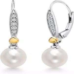 보석왕 배양 담수 진주와 화이트 랩 재배 다이아몬드 레버백 당글 귀걸이 여성용 925 스털링 실버와 10K