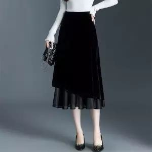 포뇨 여성 벨벳 망사 머메이드 스커트 가을 롱 슬림 힙업 OPH3