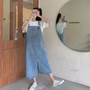 데님원피스 멜빵 청롱 여름 청원피스 롱 오버롤 롱데님 스커트 치마opq520