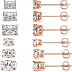 18K 금 도금 원형 프린세스 컷 클리어 큐빅 지르코니아 스터드 귀걸이 6쌍 (6쌍)