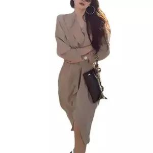 EAMT 원피스 여자 카키 정장 부드러운 중장 긴팔 라인 EUNG1