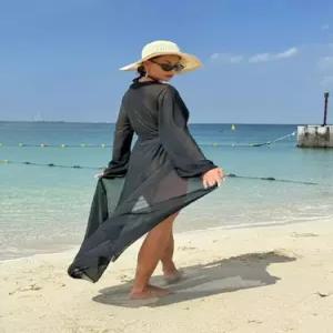 수피 롱 여자 비치웨어 바캉스룩 비치 블라우스 솔리드 래쉬가드 웨어 딥 바캉스 JEN1