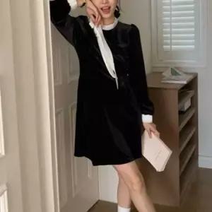 데일리 하객룩 벨벳 스트랩 데이트룩 원피스 배색 리본