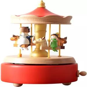 릴리신 회전목마 음악 상자 수제 목재 턴 말 모양 목공예 생일 홈 데코(빨간색)