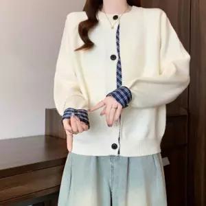 여자 깔끔한 스타일 체크 패턴 포인트 리시 아우터 가디건기본 레이스 가을티셔츠 여성긴팔 얇은 니트 숏가