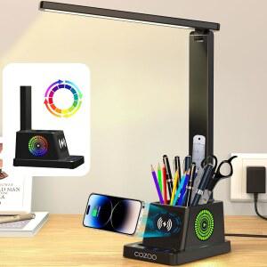 코주 탁상 램프, 홈 오피스용 LED 탁상 램프, 펜 홀더가 있는 무선 충전기 소형 탁상 램프, 색상 변경 야간 조명, 12가지 조명 모드, 대학 기숙사용 탁상 램프, 탁상 조명, 네일 탁상 램프