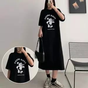 여성 여름 홈웨어 패션코디 곰 영어 레터링 오버 루즈핏 반팔 밑단트임 빅사이즈 원피스