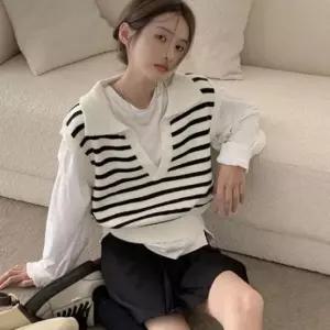 [의류] 카라 크롭 니트베스트 단가라 니트조끼 스트라이프
