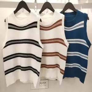 [의류] 니트조끼 크롭 니트베스트 스트라이프 라운드넥 여성